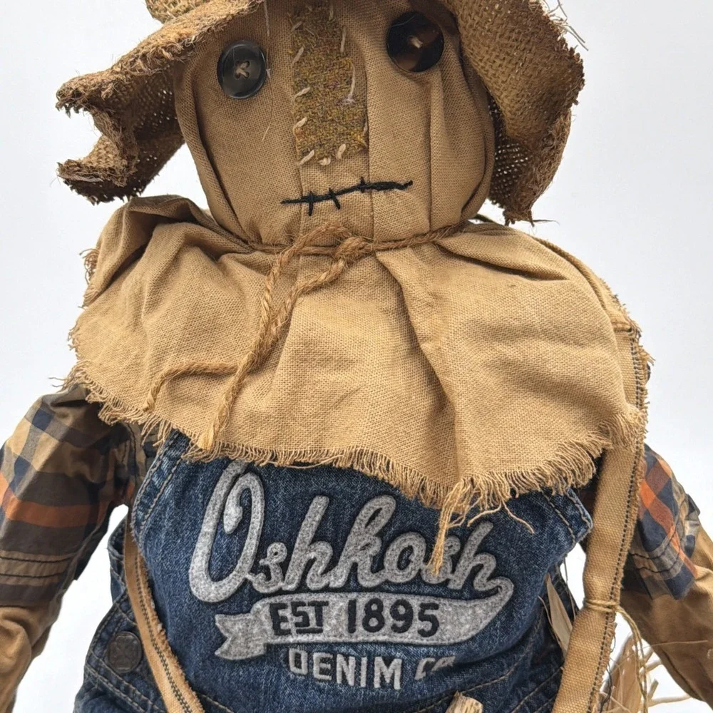 Vintage Primitive Handmade Grungy Scarecrow Doll Folk Art Fall Oshkosh Overalls